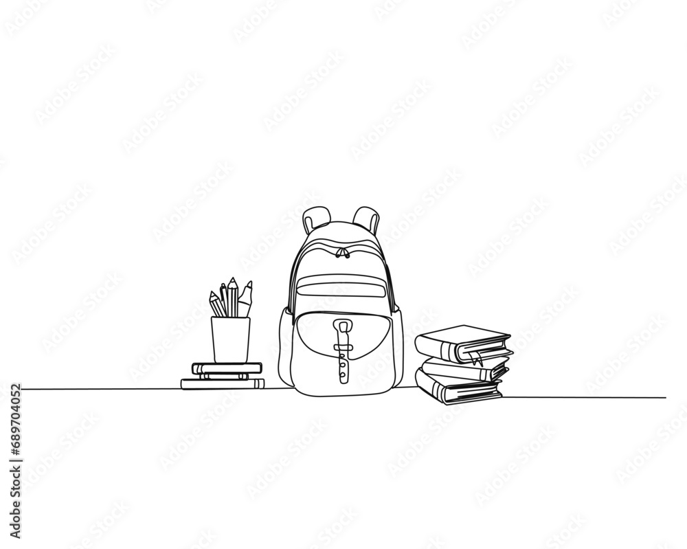Continuous one line drawing of school bag and books. Stationery outline vector illustration. Back to school and education concept. Editable stroke. - obrazy, fototapety, plakaty 