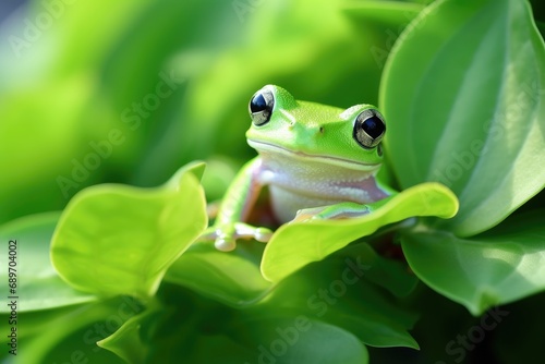 A green frog sitting on top of a leafy plant