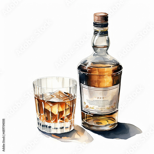 Wallpaper Mural glass of whiskey and bottle isolated on a white background, watercolor clipart illustration Torontodigital.ca