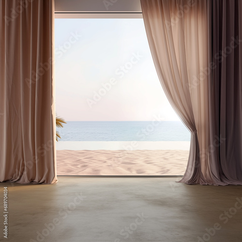 Empty room in luxury summer beach house with sea view behind curtains.