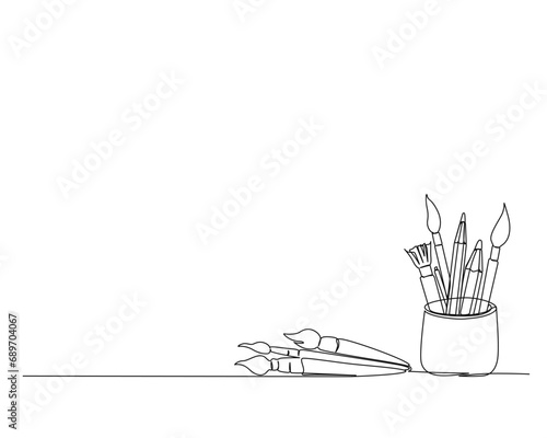 Continuous one line drawing of pencils and brush in a glass. Stationery outline vector illustration. Back to school and education concept. Editable stroke.