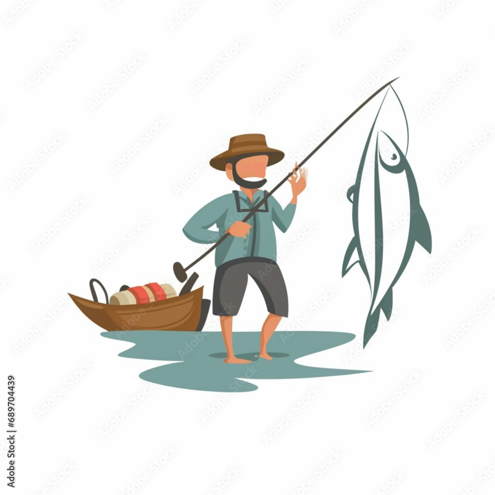 cartoon fisherman, Man in boat fishing illustration