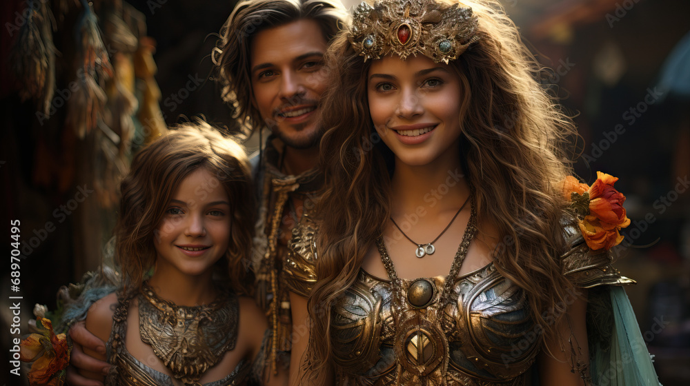 Family in a Fantastical Setting, Wearing Elaborate Medieval Costumes. Concept of Whimsical Adventure, Historical Fantasy, and Family Imagination Family in a Fantastical Setting, Wearing Elaborate Medieval Costumes. Concept of Whimsical Adventure, Historical Fantasy, and Family Imagination
