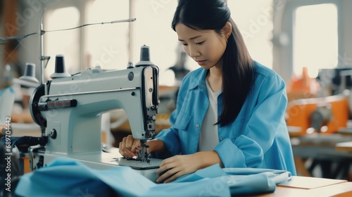 Focused young Asian woman tailor with experience sews things from natural fabric using sewing machine