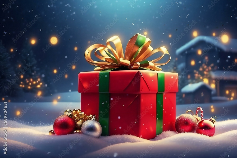 christmas gift box, christmas gift box outside on snow with christmas and lights and gifts in background christmas gift box, christmas gift box outside on snow with christmas and lights and gifts in background