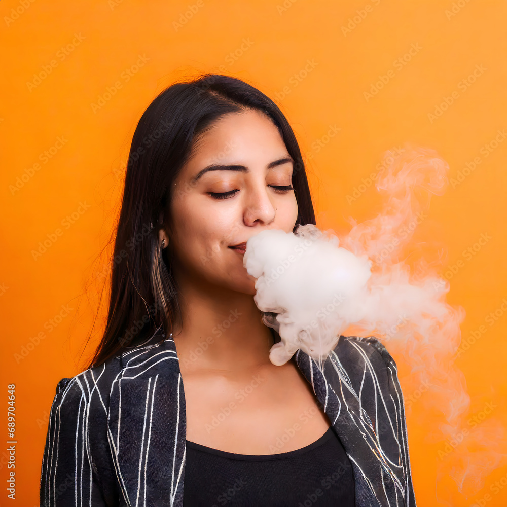 girl smoking with vaporizer, orange background, copy space