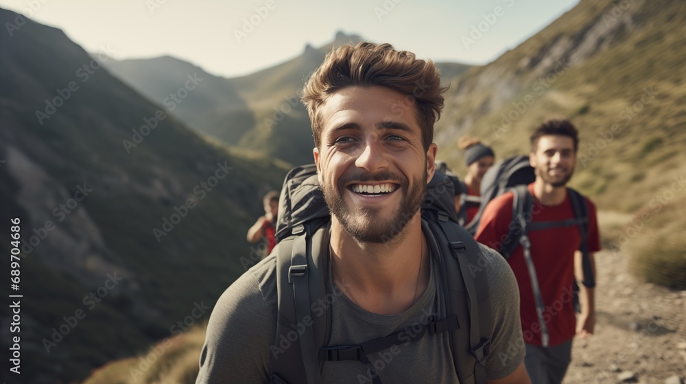 Young cheerful smiling clean shaven caucasian male men hiking in summer mountains Young cheerful smiling clean shaven caucasian male men hiking in summer mountains