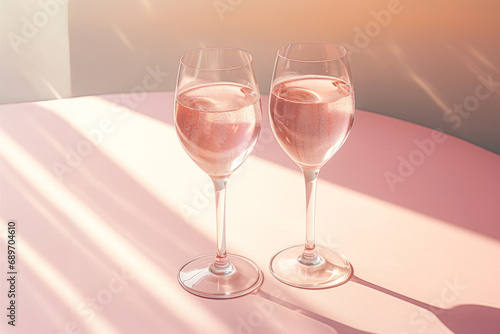 Two glasses of sparkling wine in natural sunlight with shadows.