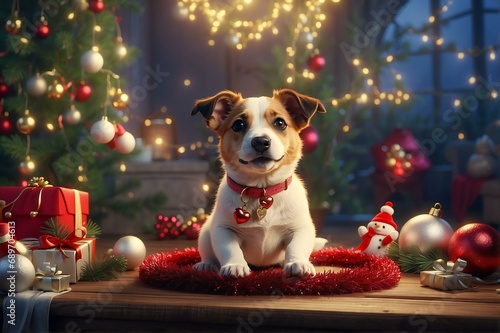 dog with christmas gift and with christmas  tree and lights © propiks
