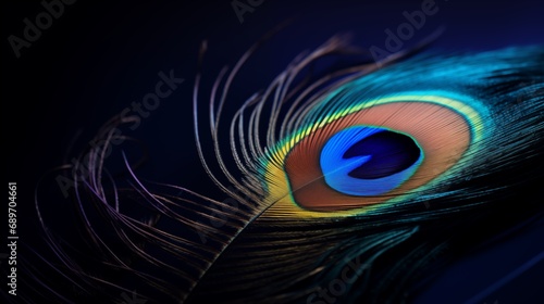 Elegant exotic artful beautiful natural close-up peacock feather on dark blue background