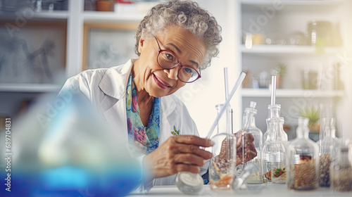 oldest woman do an experiment in a scientist's laboratory photo