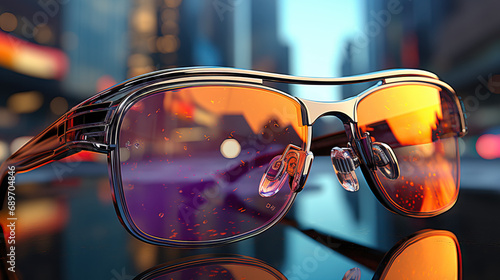 Cyberpunk Cityscape Reflected in the Lens of Stylish, Futuristic Sunglasses. Concept of Urban Futurism, Techno-Chic, and City Reflections.