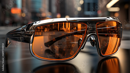 Cyberpunk Cityscape Reflected in the Lens of Stylish, Futuristic Sunglasses. Concept of Urban Futurism, Techno-Chic, and City Reflections.