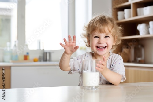 smiling toddler reaching for glass of almond milk