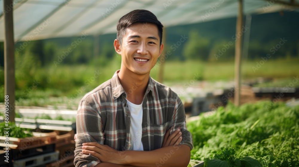 Fototapeta premium Asian young man wearing plaid shirt smiling at vegetable farm. Farmer man concept.