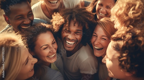 Happiness group of people huddle and smiling together. Solidarity and teamwork concept. photo