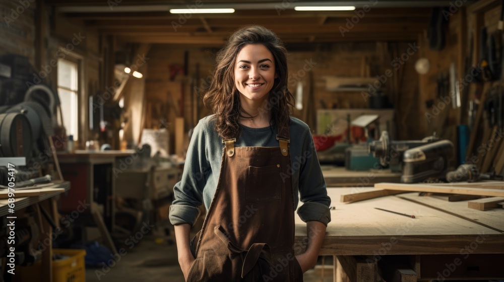 Portrait of carpenter woman smiling at factory