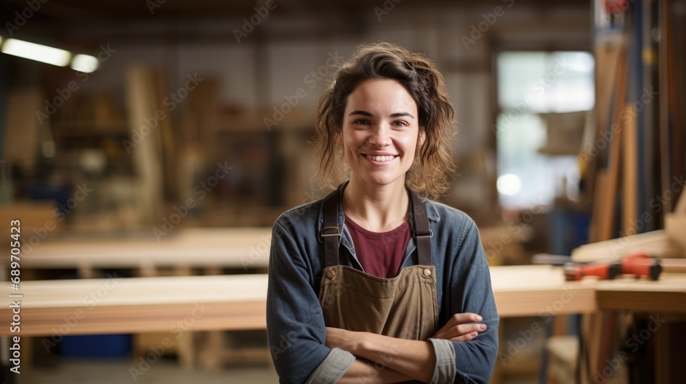Naklejka premium Portrait of carpenter woman smiling at factory