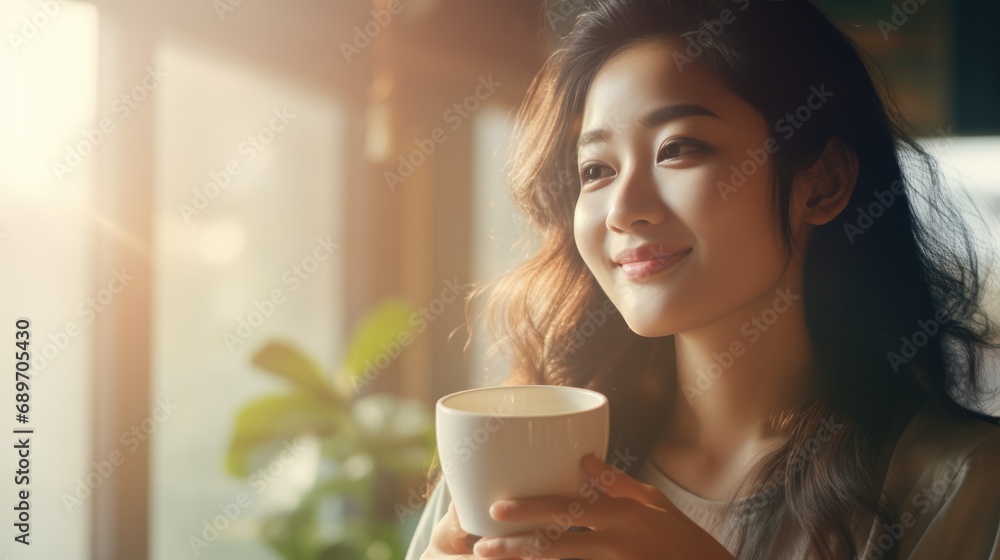 Asian woman smelling and drinking hot coffee latte with feeling good in cafe. Asian woman smelling and drinking hot coffee latte with feeling good in cafe.