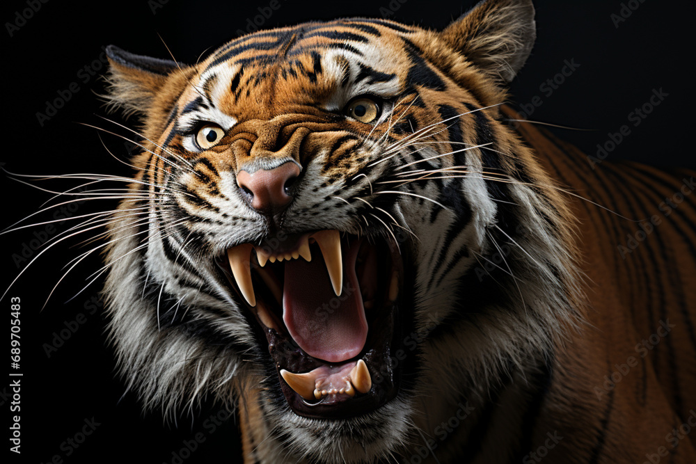 Obraz premium Linear and minimal portrayal of a tiger roaring, capturing the intensity and power of the animal through simplicity.