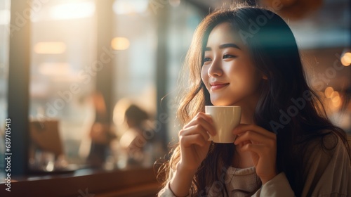 Asian woman smelling and drinking hot coffee latte with feeling good in cafe.