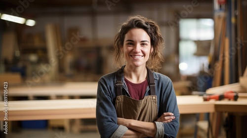 Portrait of carpenter woman smiling at factory photo