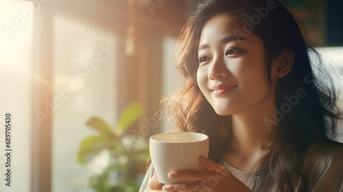 Asian woman smelling and drinking hot coffee latte with feeling good in cafe.