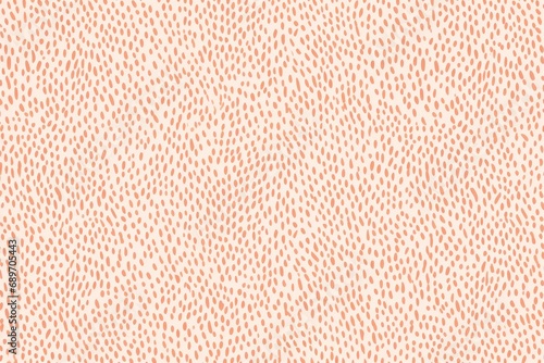 Contemporary orange polka dot pattern on white background. Irregular chaotic small circles. Peach fuzz - color of 2024 year. Modern exotic design for print paper, card, banner, wallpaper, textile,  photo