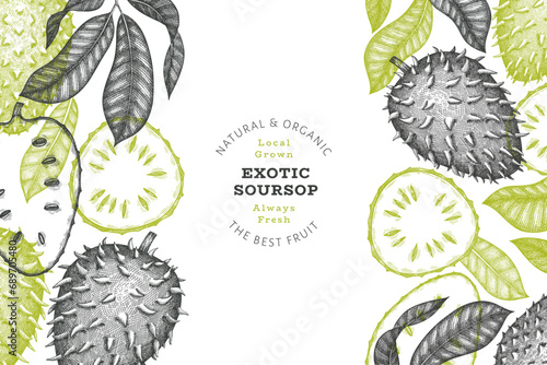 Hand drawn sketch style soursop fruit banner. Organic fresh fruit vector illustration. Retro guanabana design template