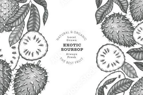 Hand drawn sketch style soursop fruit banner. Organic fresh fruit vector illustration. Retro guanabana design template