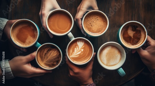 Closeup of people holding coffee latte art with high angle view.