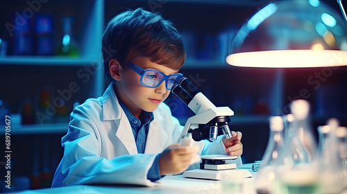 A little boy who dreams of being a scientist is doing a science experiment. photo