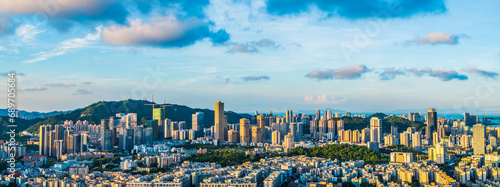 Aerial view of Zhuhai city skyline and modern buildings scenery at sunset, Guangdong Province, China. panoramic view. photo