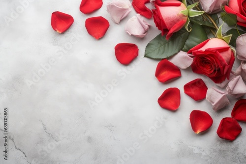 Top view wet red roses on concrete background, valentine's day greeting card, copy space for text.