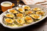 grilled oysters on a platter with garlic sauce
