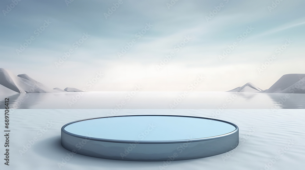 3d render round platform on water and sand with glass wall panels. Minimal landscape mockup for product showcase banner in blue colors. Modern promotion mock up. Generative Ai - obrazy, fototapety, plakaty 