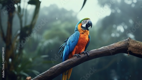blue macaw bird sitting on a tree branch in the jungle © Salander Studio