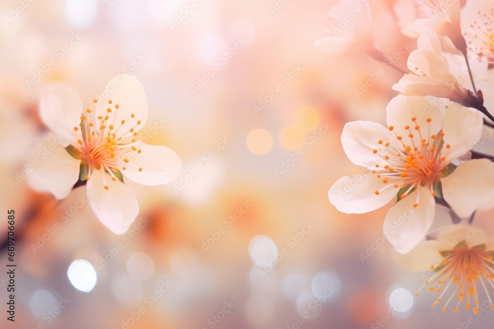 Cherry blossom in spring. Beautiful nature scene with blooming tree and sun flare. Spring flowers on blurred background with lights for card, banner with copy space. Peach fuzz color of the year 2024
