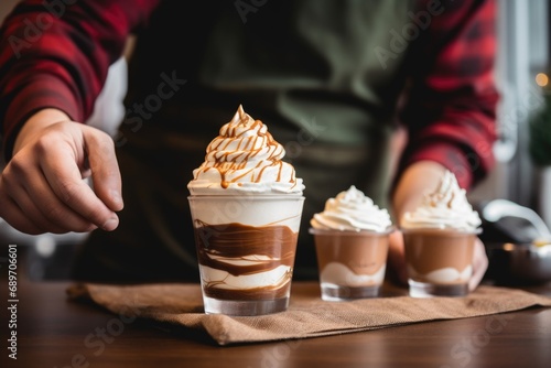 barista decorating hot chocolate with a whipped cream topping photo