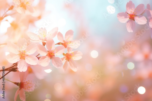 Cherry blossom in spring. Beautiful nature scene with blooming tree and sun flare. Spring flowers on blurred background with lights for card  banner with copy space. Peach fuzz color of the year 2024
