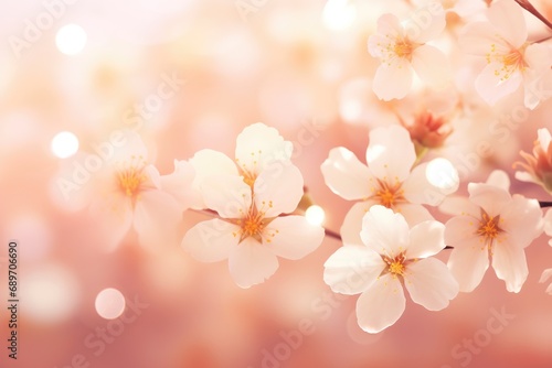 Cherry blossom in spring. Beautiful nature scene with blooming tree and sun flare. Spring flowers on blurred background with lights for card, banner with copy space. Peach fuzz color of the year 2024
