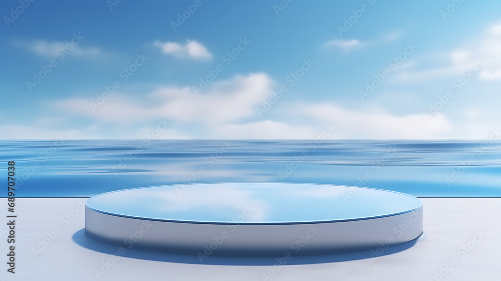 3d render round platform on water and sand with glass wall panels. Minimal landscape mockup for product showcase banner in blue colors. Modern promotion mock up. Generative Ai