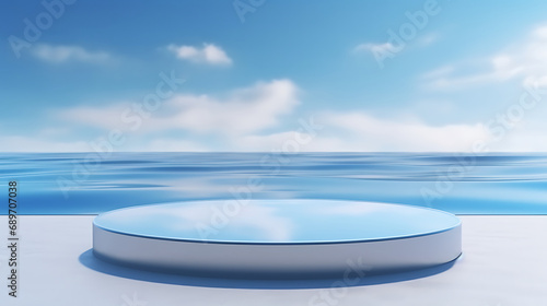 3d render round platform on water and sand with glass wall panels. Minimal landscape mockup for product showcase banner in blue colors. Modern promotion mock up. Generative Ai