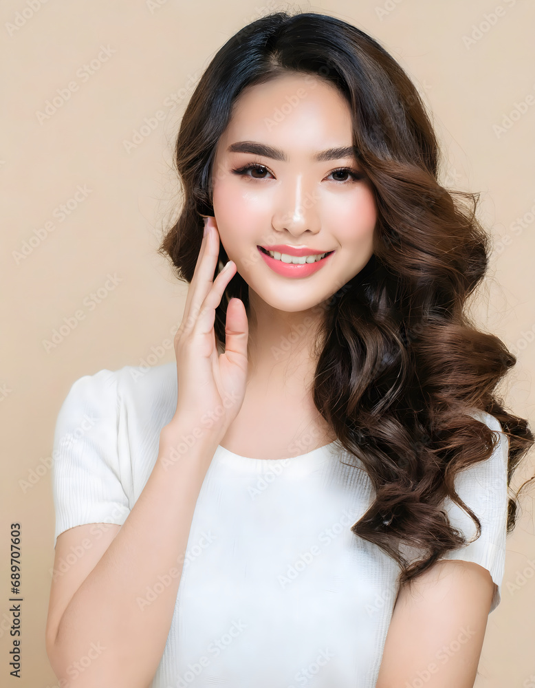portrait beautiful asian woman, beige background concept skin care, makeup portrait beautiful asian woman, beige background concept skin care, makeup