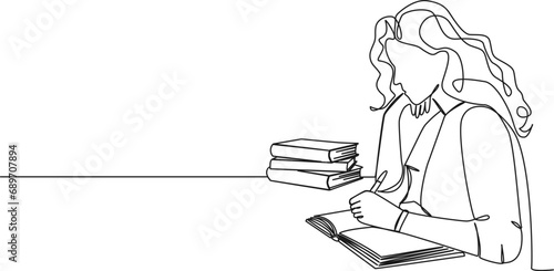 continuous single line drawing of woman writing in journal or diary, line art vector illustration