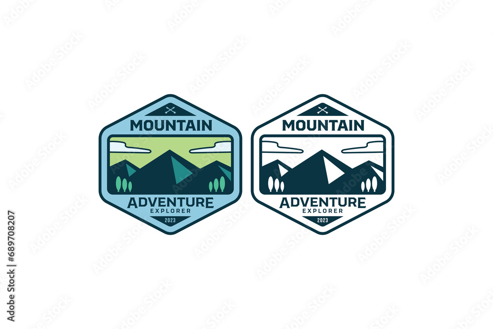 Obraz premium mountain national park adventure logo design with hexagon frame for sport and adventure