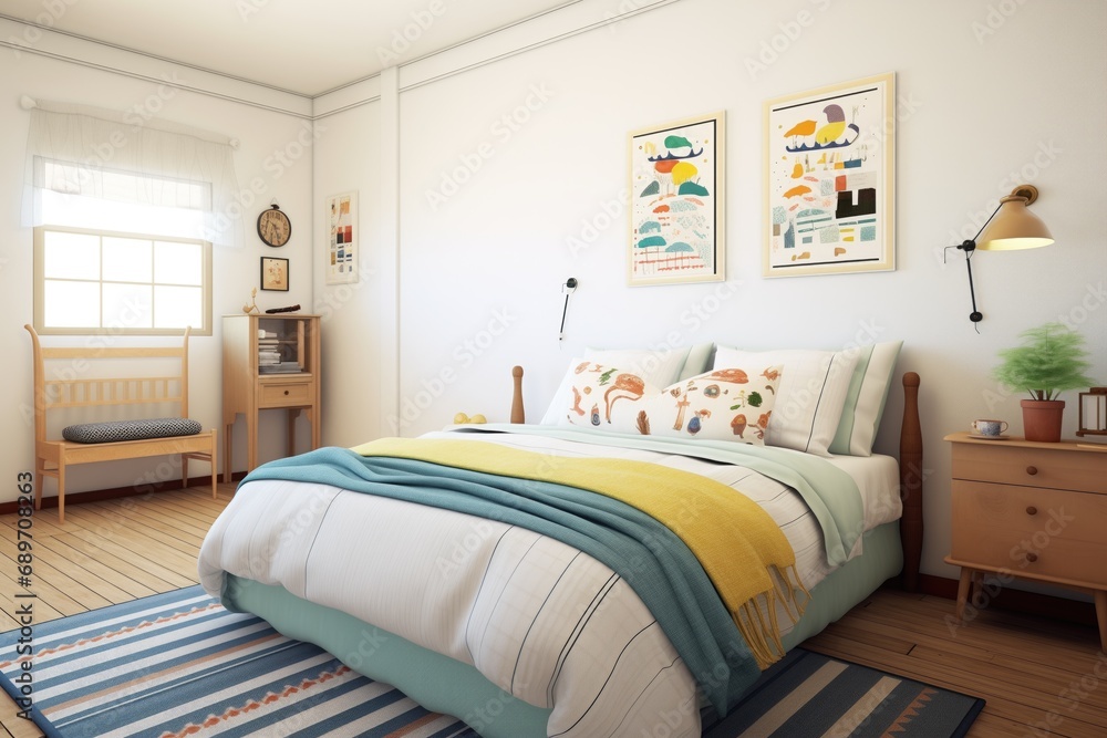 patterned cotton bedspread in a neat bedroom - obrazy, fototapety, plakaty 
