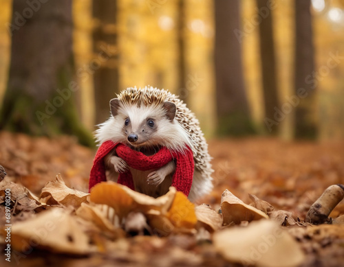 A hedgehog in the autumn forest in red boots and a scarf collects mushrooms and apples