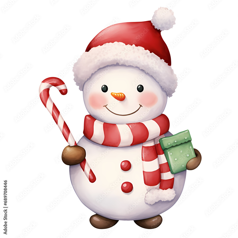 Fototapeta premium Cute Snowman Candy Cane Christmas Watercolor Clipart Illustration