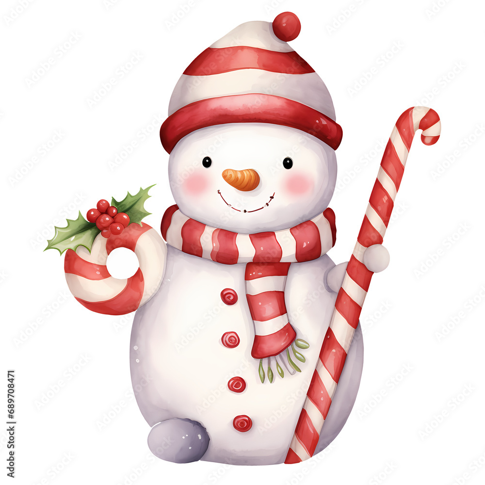 Fototapeta premium Cute Snowman Candy Cane Christmas Watercolor Clipart Illustration